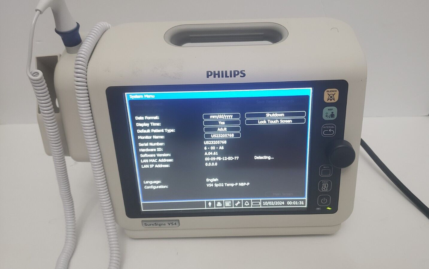 Philips SureSigns VS4 Vital Signs 863283 with Thermometer & Power Cord - Photo 1